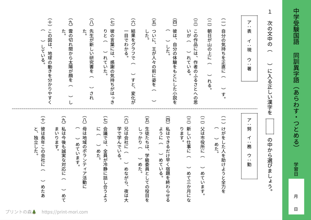 中学受験国語　同訓異字語（あらわす・つとめる）