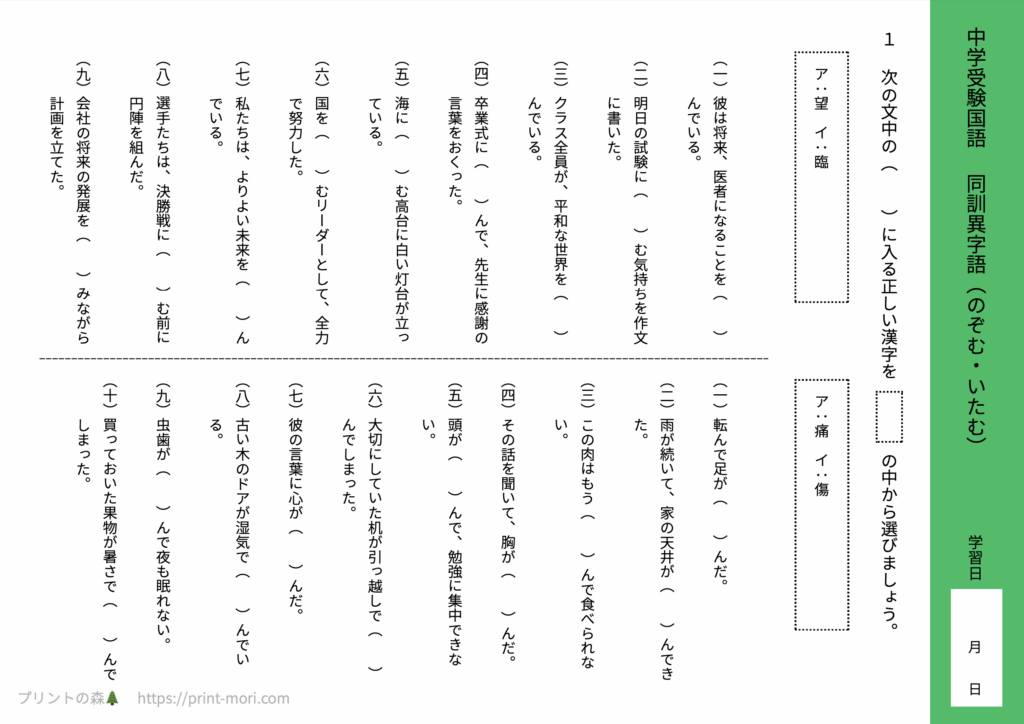 中学受験国語　同訓異字語（のぞむ・いたむ）