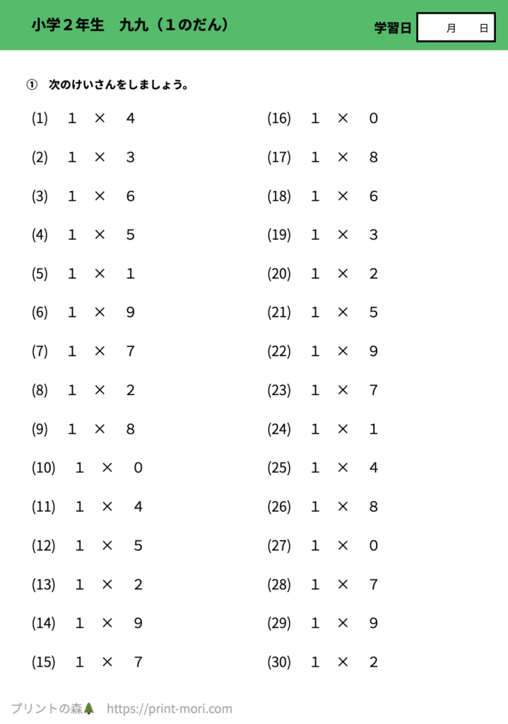 小２算数　九九（１のだん）